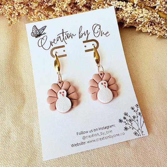 Neutral Turkey Polymer Clay Earrings – White & Brown, 14K Gold Plated Studs | Thanksgiving Fall Jewelry