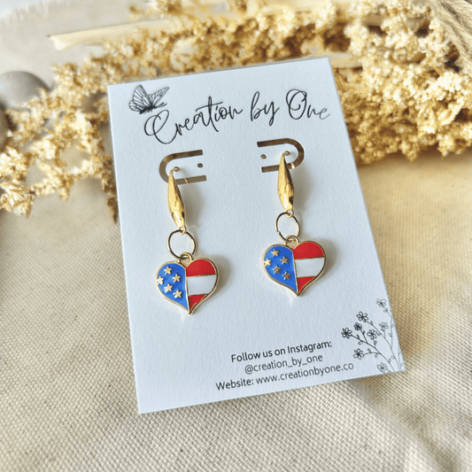 Heart of Freedom Earrings – American Flag Polymer Clay Hearts with 14K Gold-Plated Hooks
