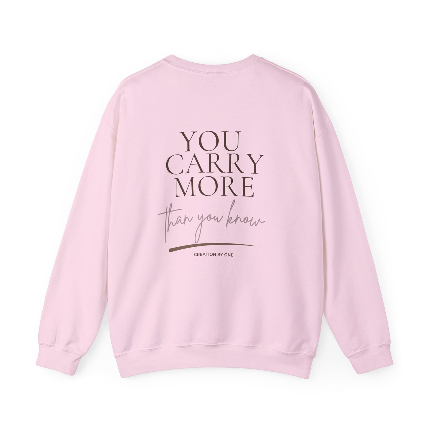 Pink sweatshirt with text on the back against a white background