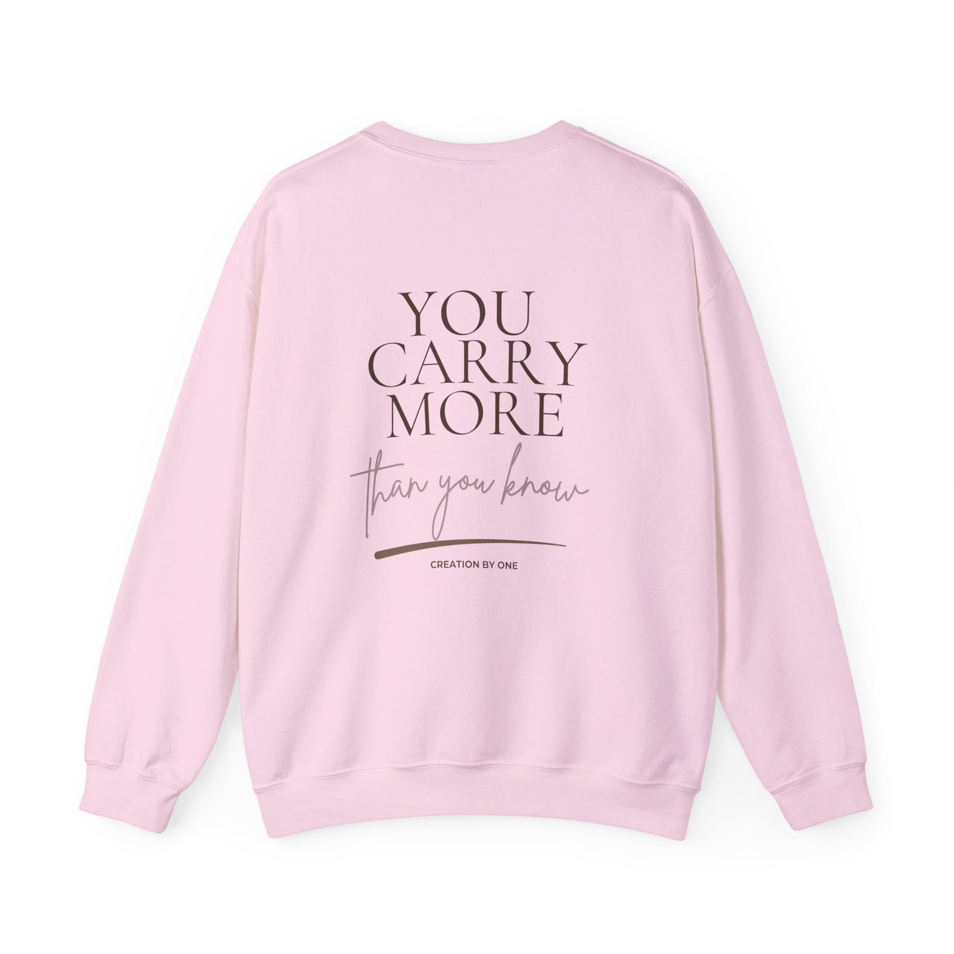 Pink sweatshirt with text on the back against a white background