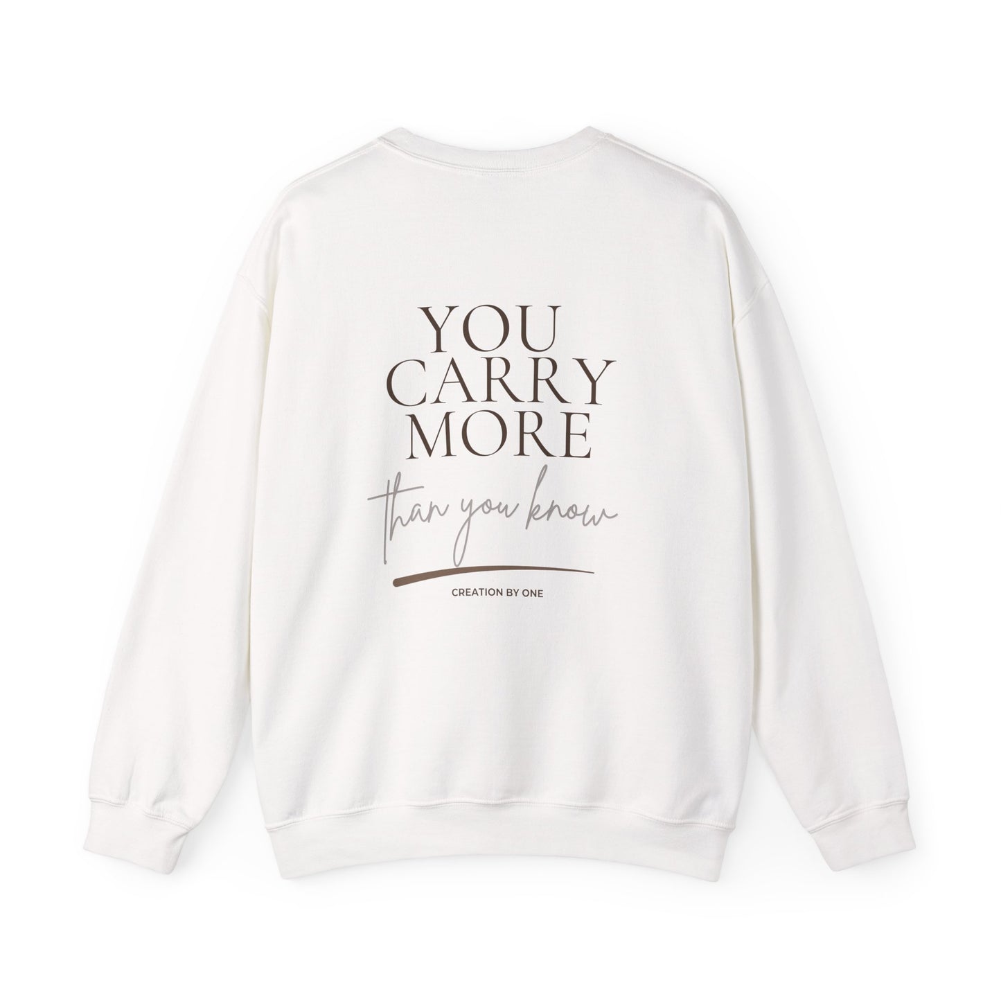 White sweatshirt with text on a white background