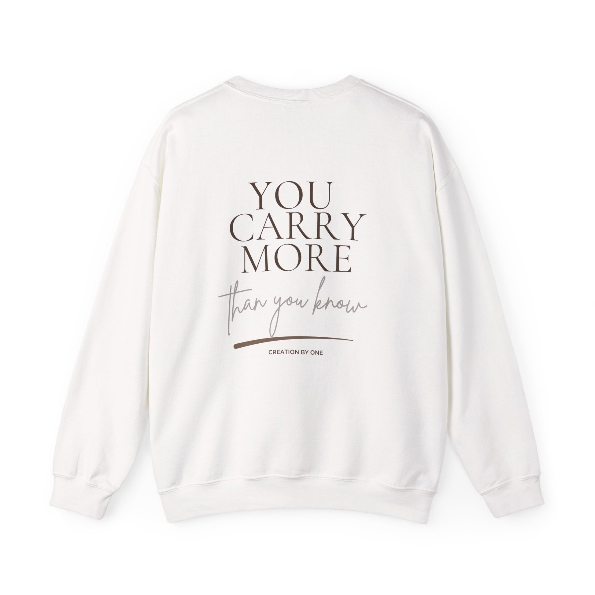 White sweatshirt with text on a white background