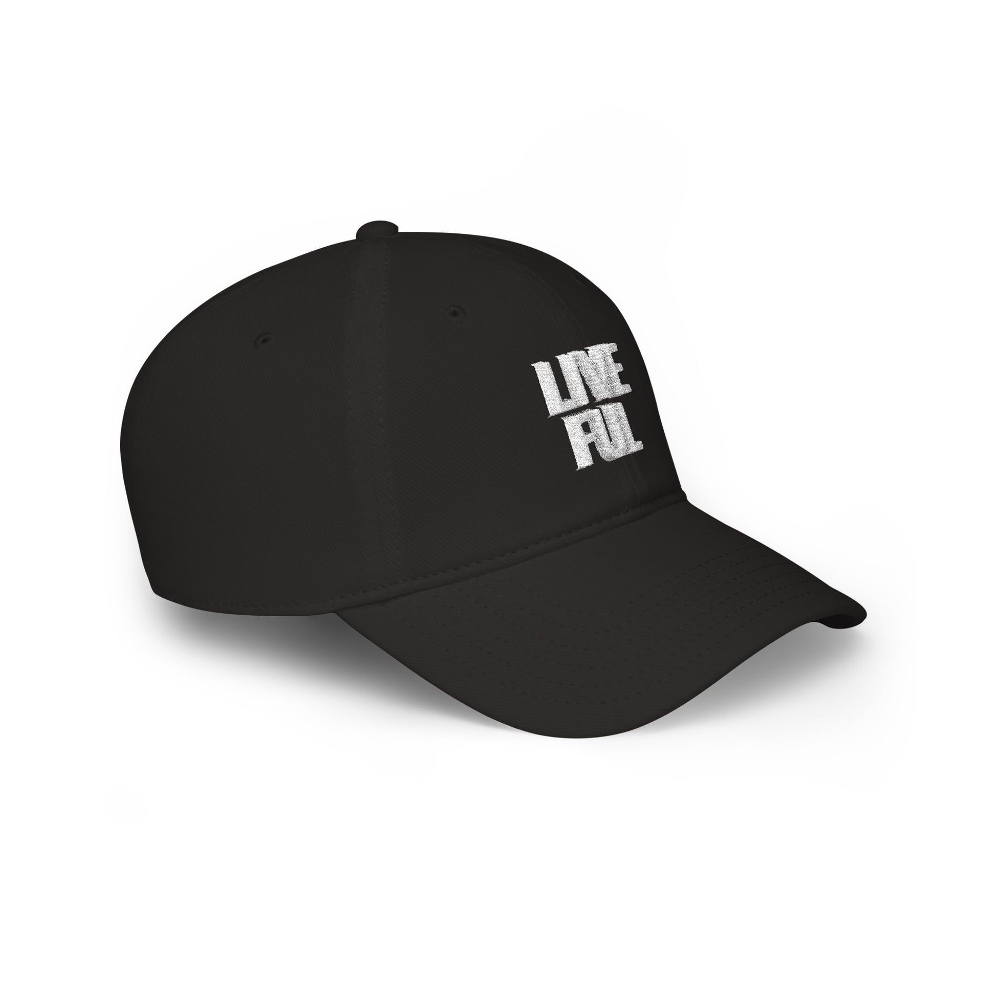 Black cap with colorful graphic on a white background