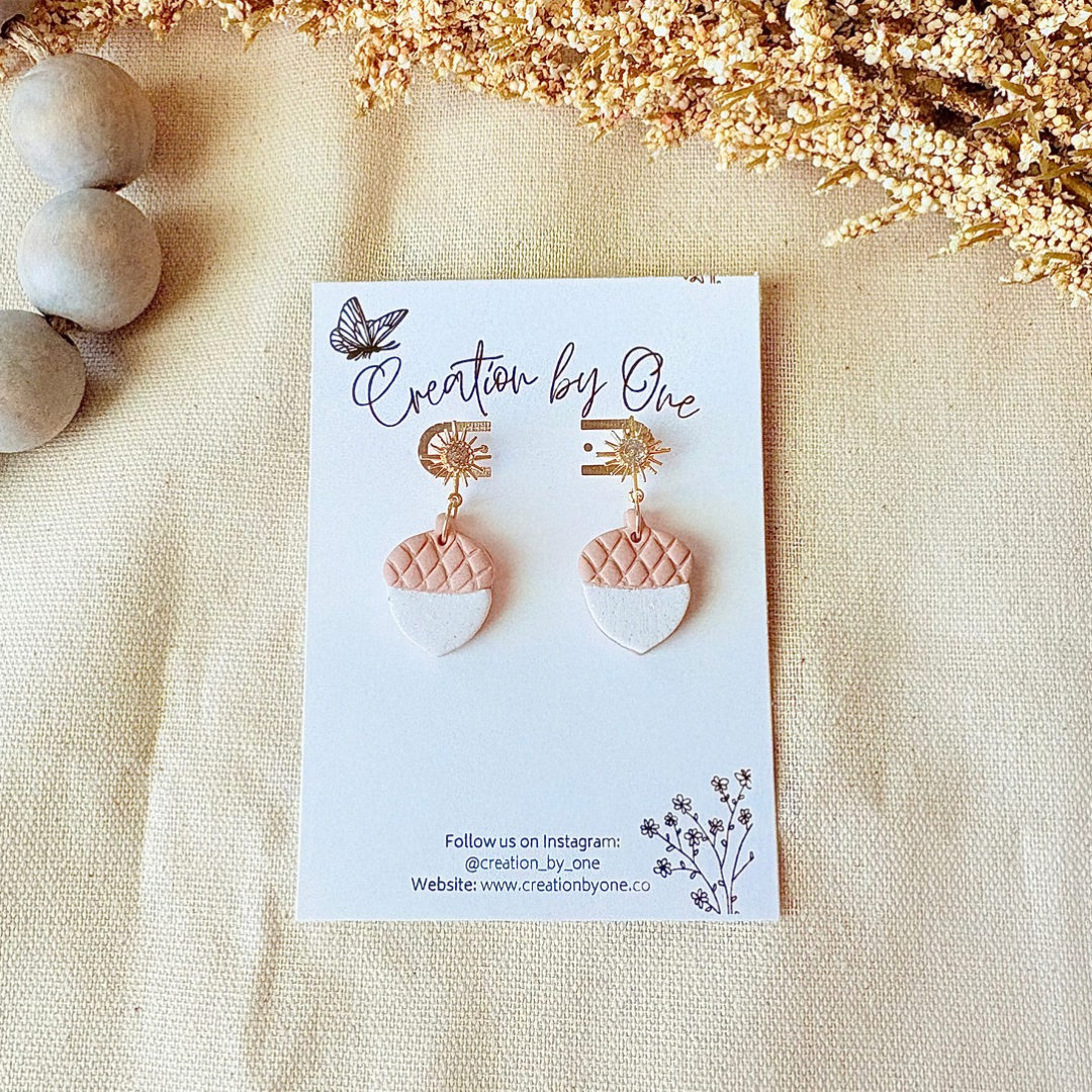 Neutral Acorn Polymer Clay Earrings – White & Light Brown, 14K Gold Studs | Fall & Thanksgiving Jewelry