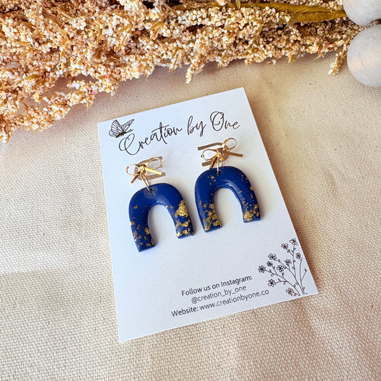 Blue Bow Earrings with Gold Dust | 14K Gold Plated Lightweight Polymer Clay Jewelry