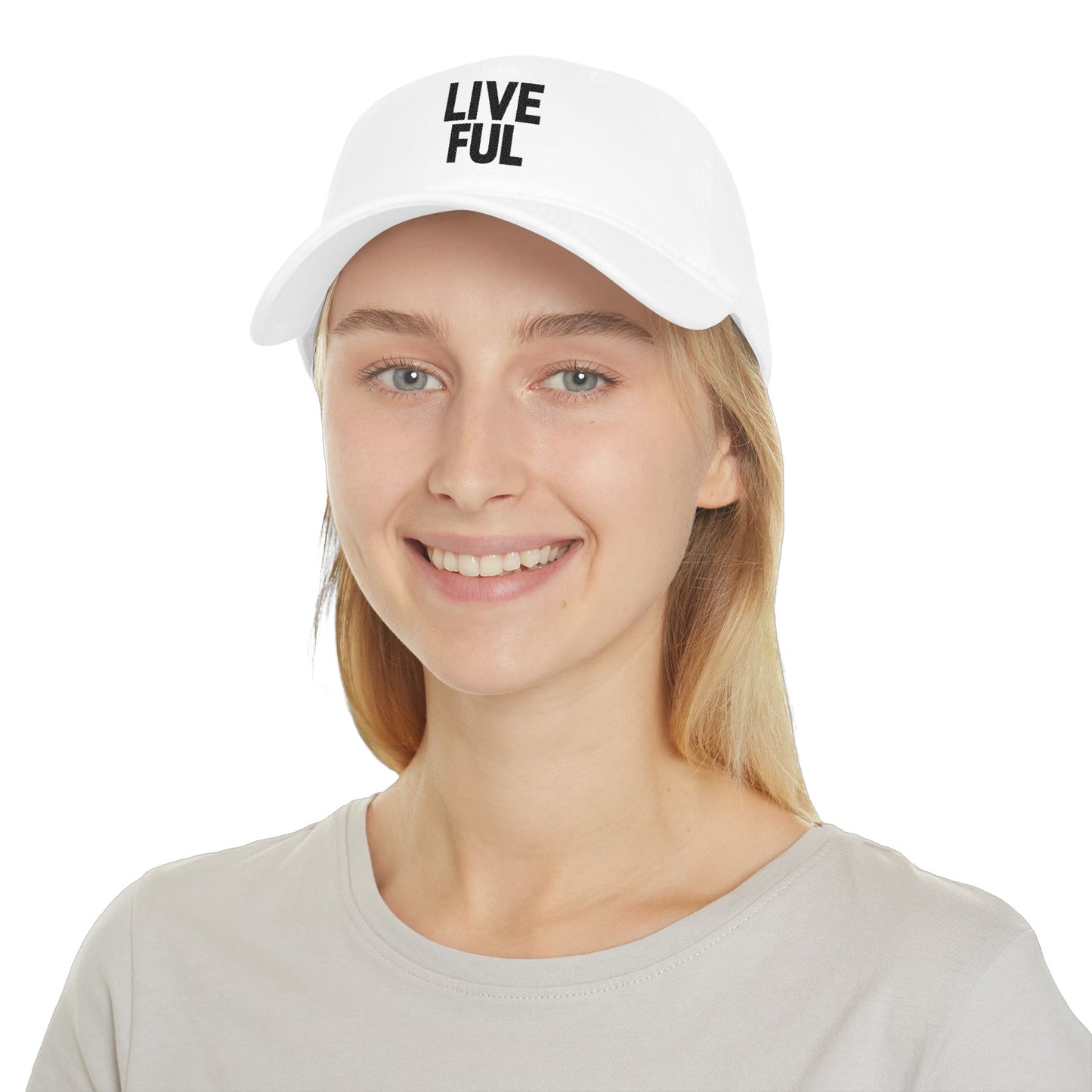 Person wearing a white cap with text and a flag design on a white background