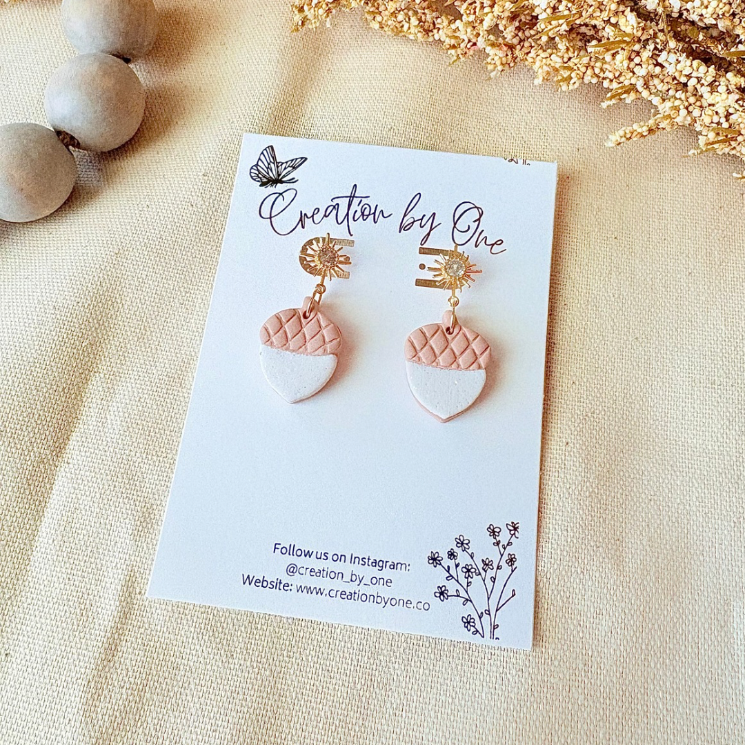 Neutral Acorn Polymer Clay Earrings – White & Light Brown, 14K Gold Studs | Fall & Thanksgiving Jewelry