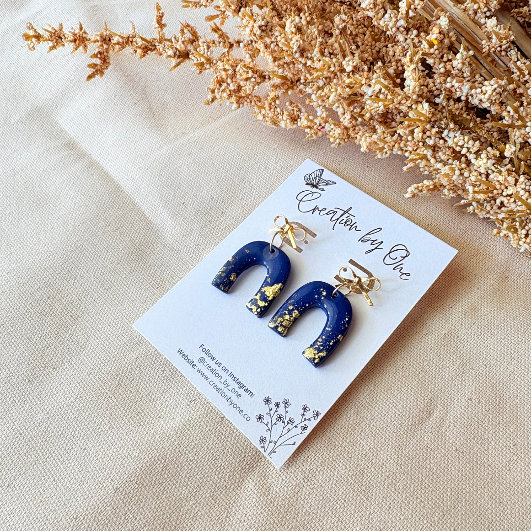 Blue Bow Earrings with Gold Dust | 14K Gold Plated Lightweight Polymer Clay Jewelry