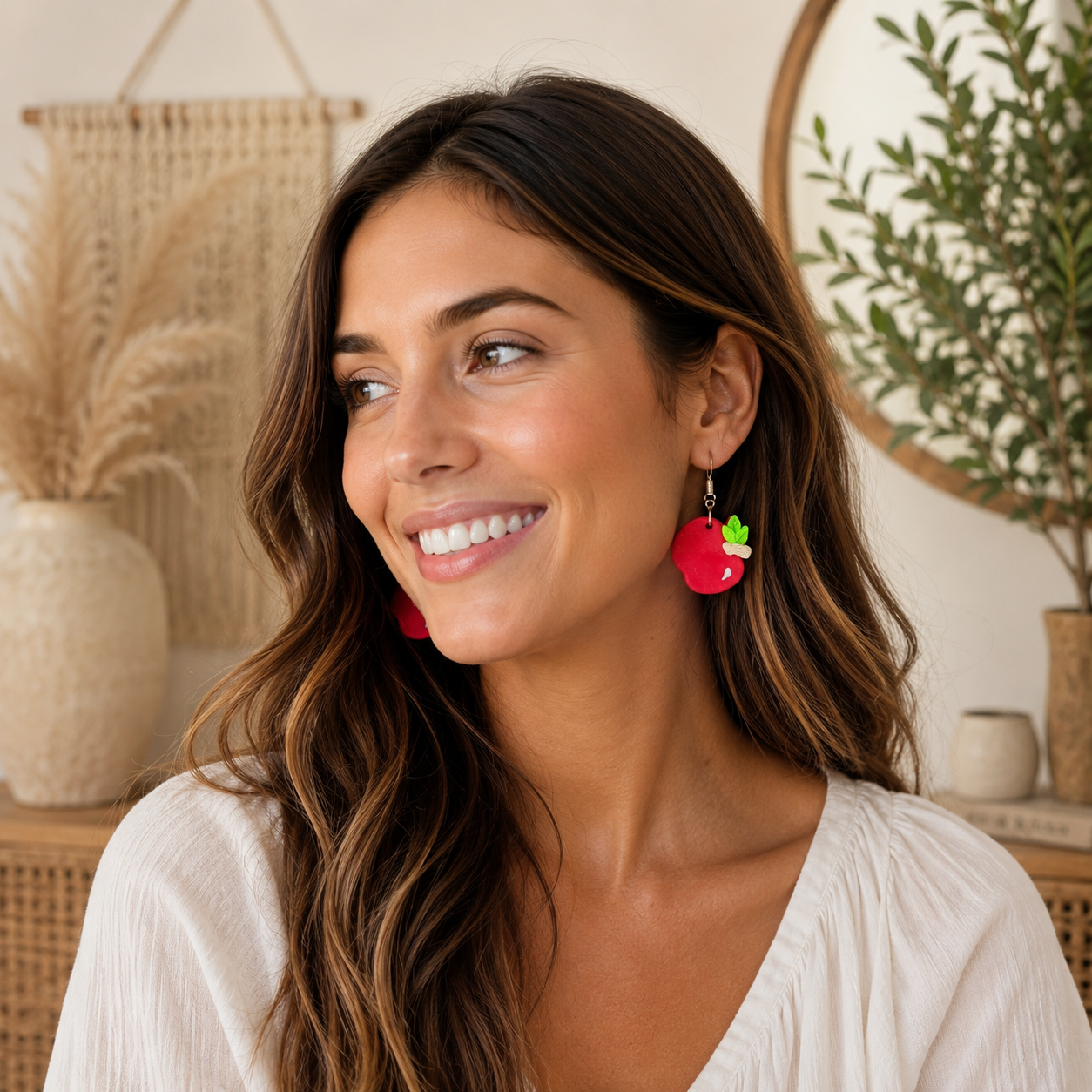 Woman wearing red earrings with a neutral background