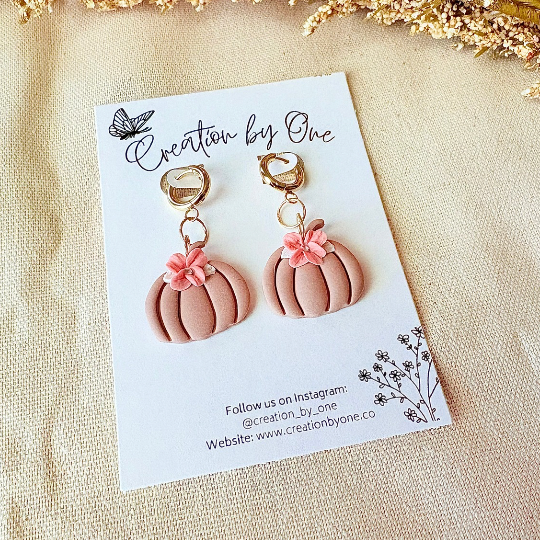 Neutral Pumpkin Polymer Clay Earrings – White & Blush Floral, 14K Gold Plated Studs | Thanksgiving Fall Jewelry