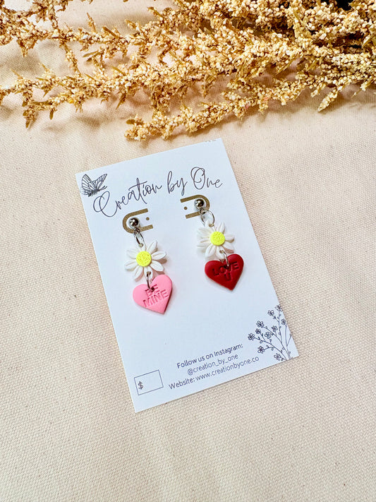 Be Mine Daisy Heart Earrings with pink and red heart design on hypoallergenic stainless steel studs by Creation by One