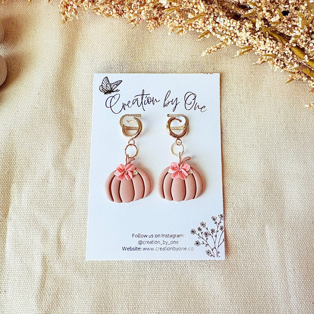 Neutral Pumpkin Polymer Clay Earrings – White & Blush Floral, 14K Gold Plated Studs | Thanksgiving Fall Jewelry