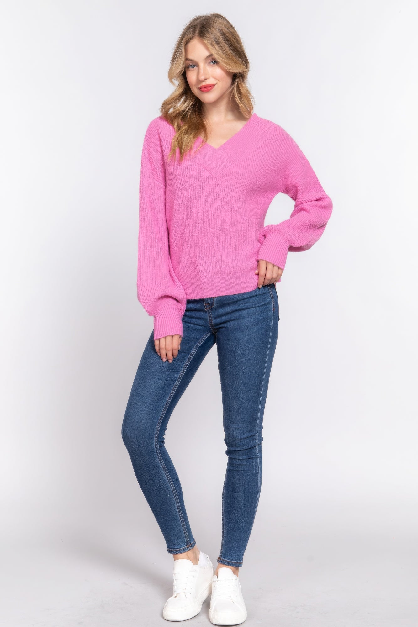 Long Slv Double V-Neck Sweater