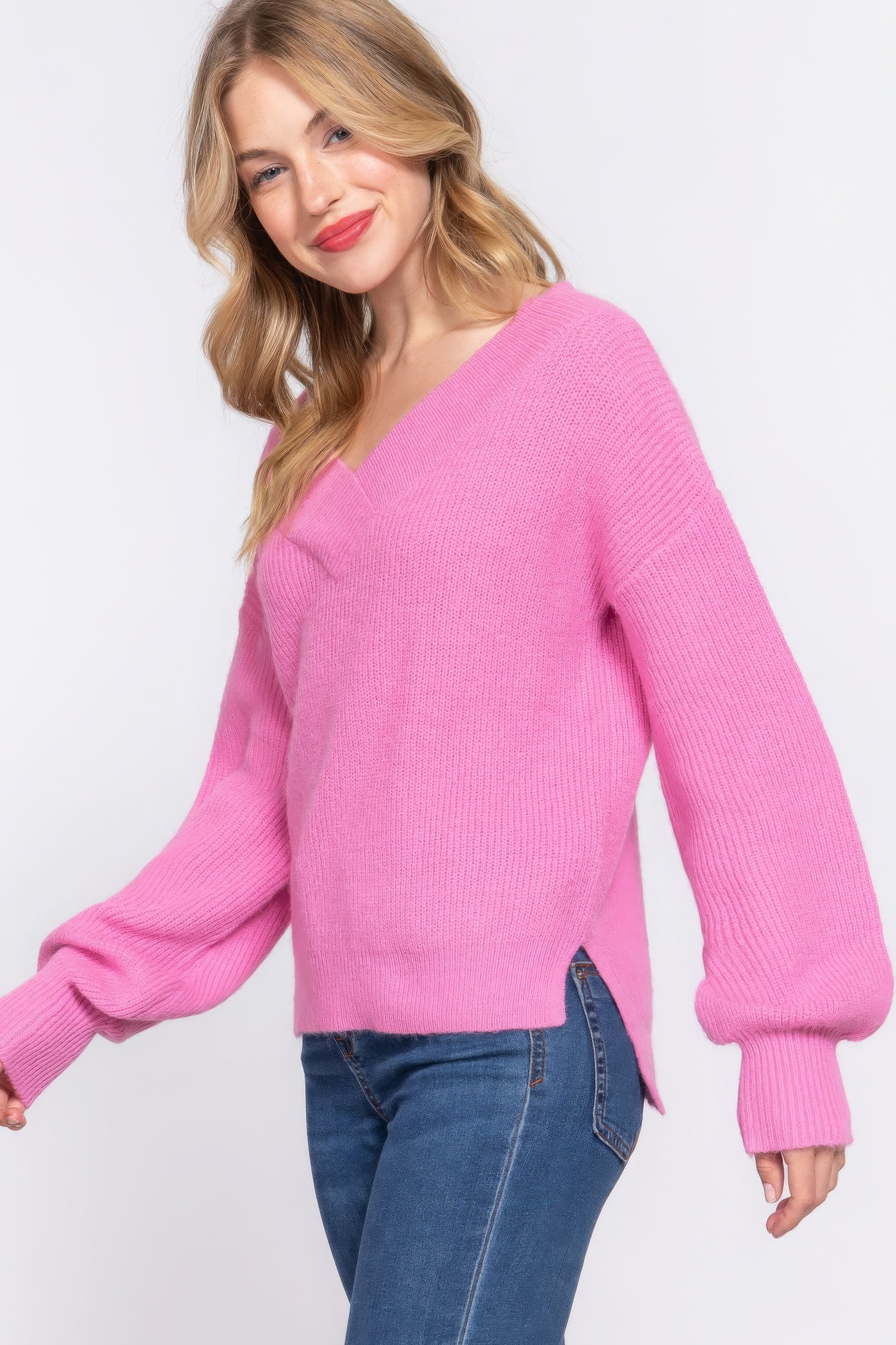 Long Slv Double V-Neck Sweater