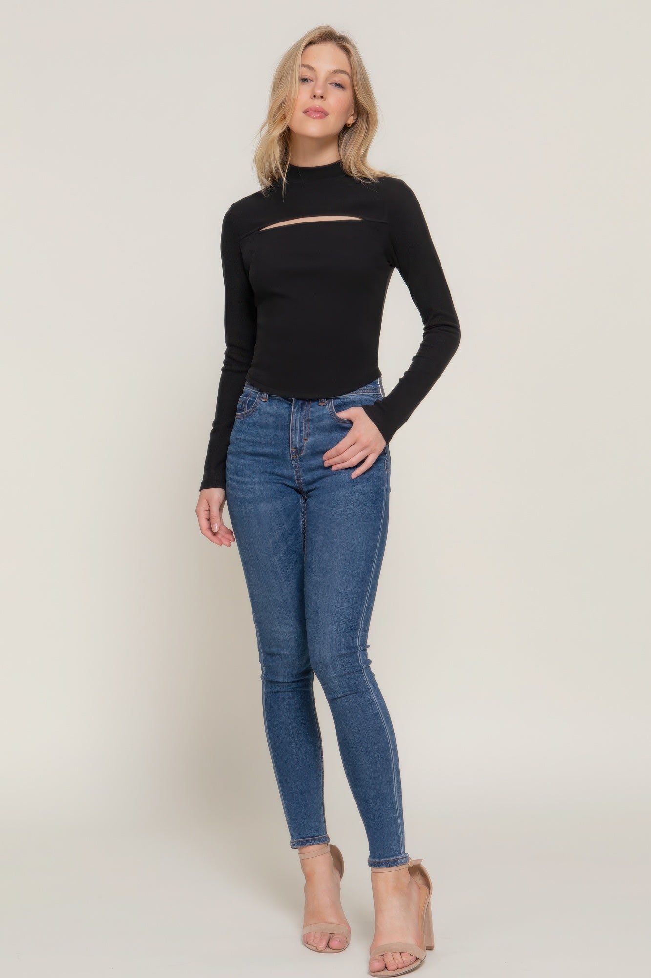 Long Slv Mock Neck Keyhole Rib Knit Top