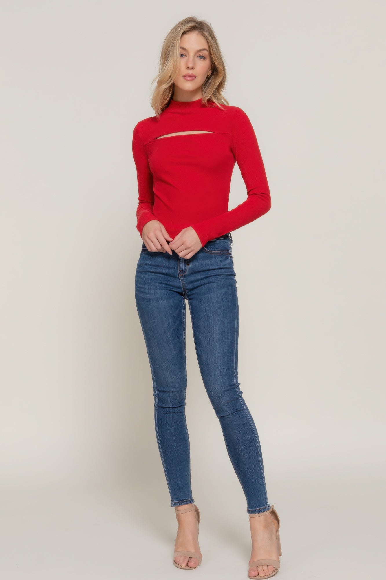 Long Slv Mock Neck Keyhole Rib Knit Top