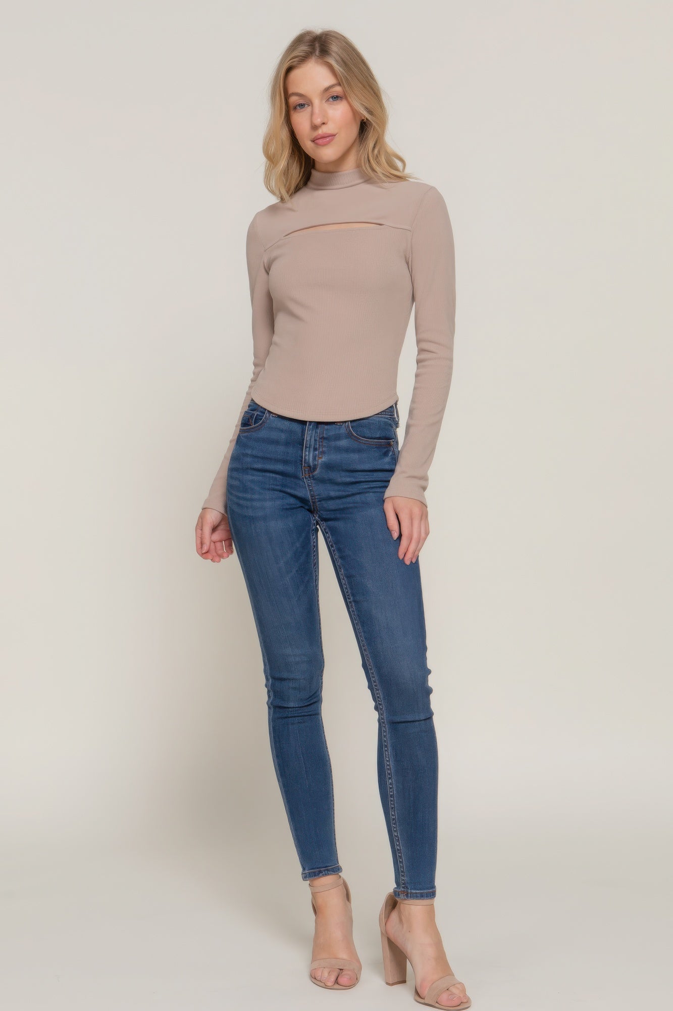 Long Slv Mock Neck Keyhole Rib Knit Top