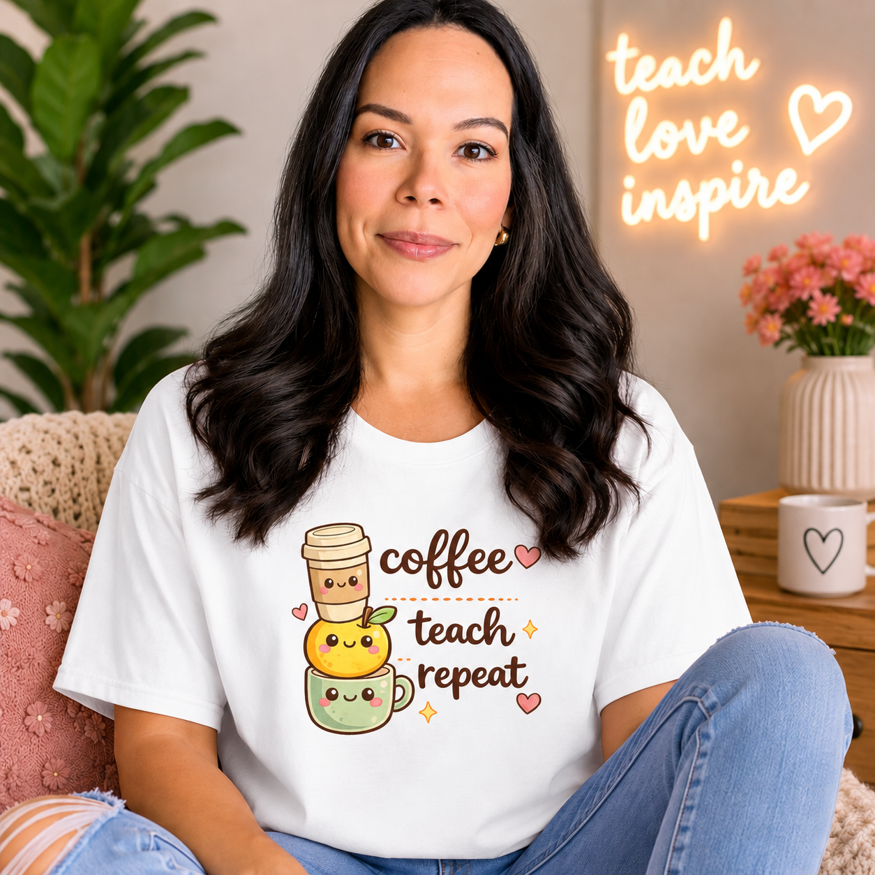 Teacher Coffee Tee — "Coffee Teach Repeat" Kawaii Stack Shirt