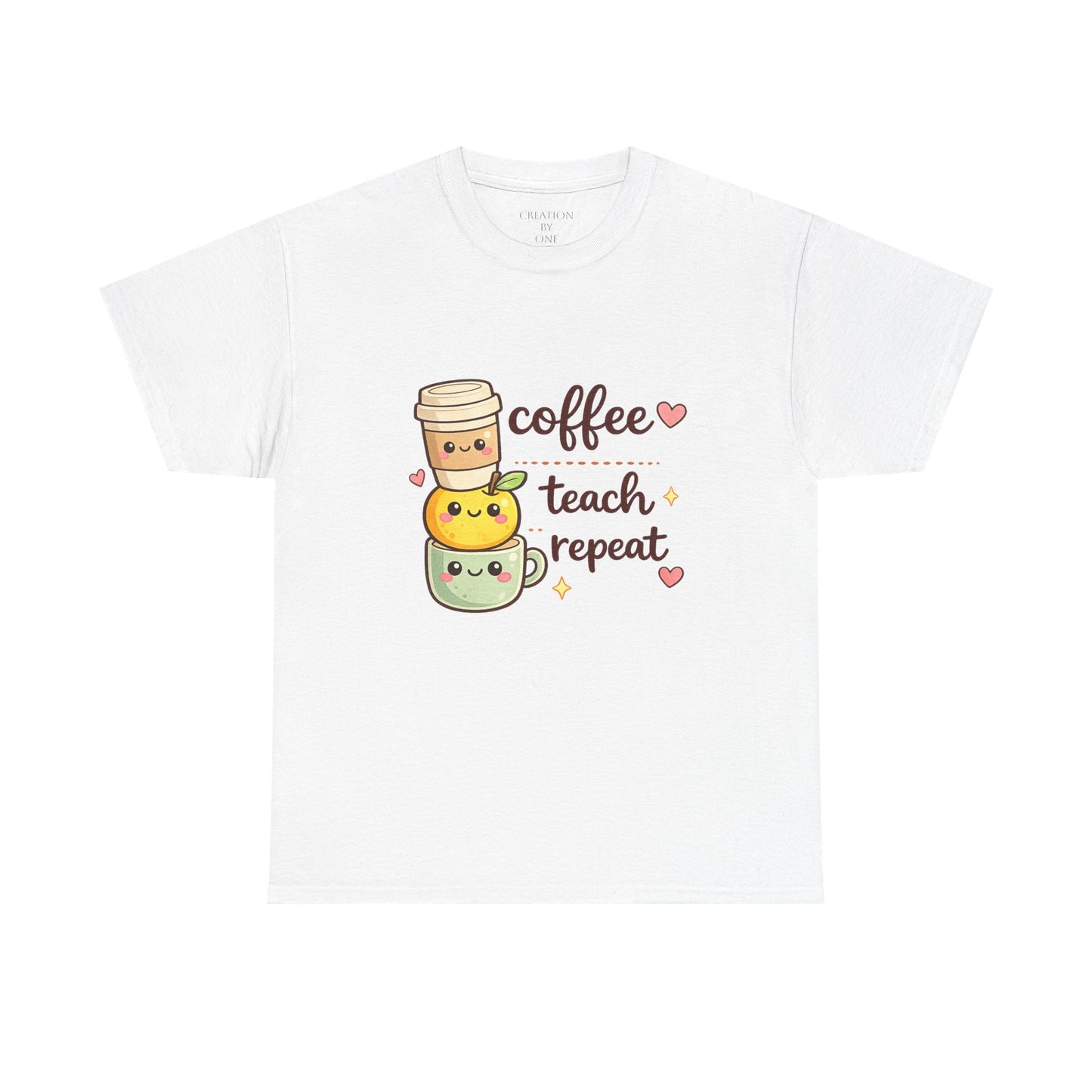 White t-shirt with cartoon coffee cups and text 'coffee teach repeat' on a white background