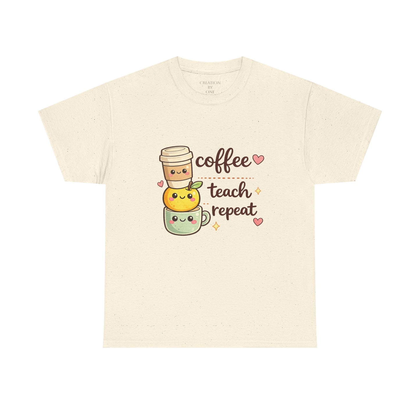 Beige t-shirt with cartoon coffee cups and text on a white background