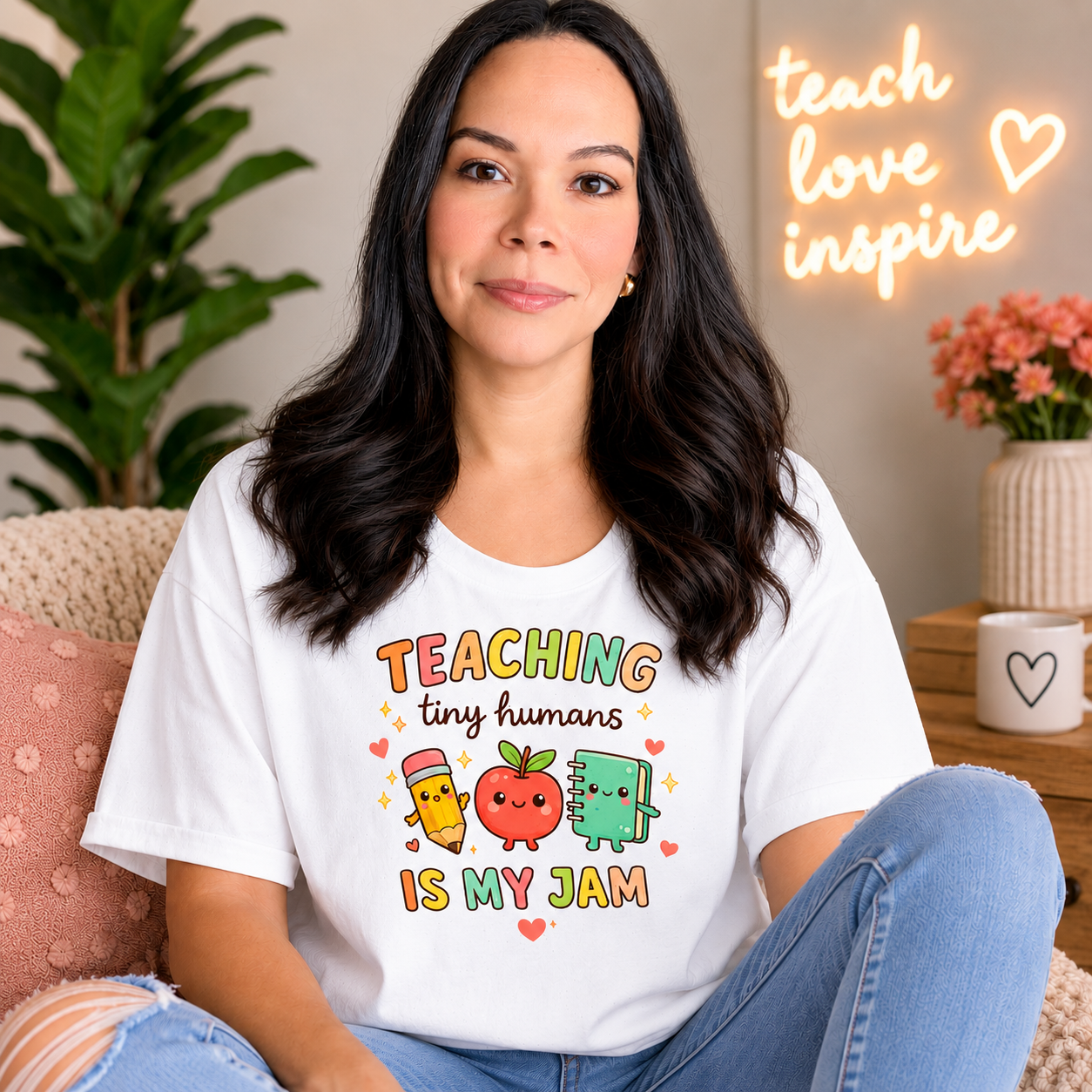 A woman wearing a white shirt that says "Teaching tiny humans is my jam".