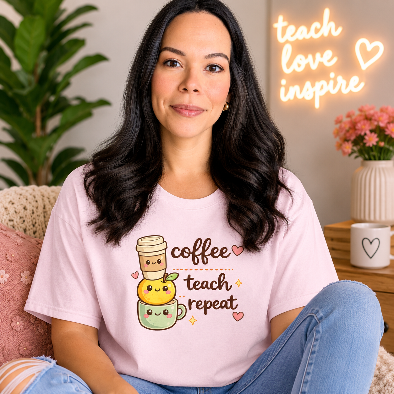 Woman wearing a pink t-shirt with coffee-themed design, sitting in a cozy room with plants and decor.