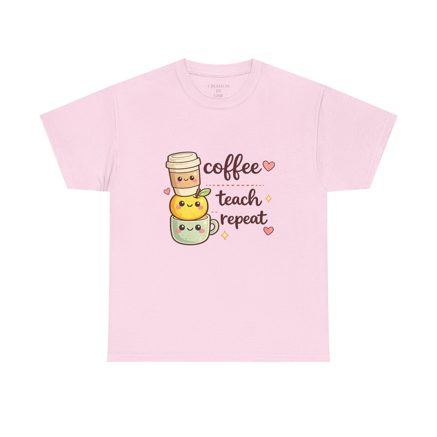 Pink t-shirt with coffee-themed design and text on a white background