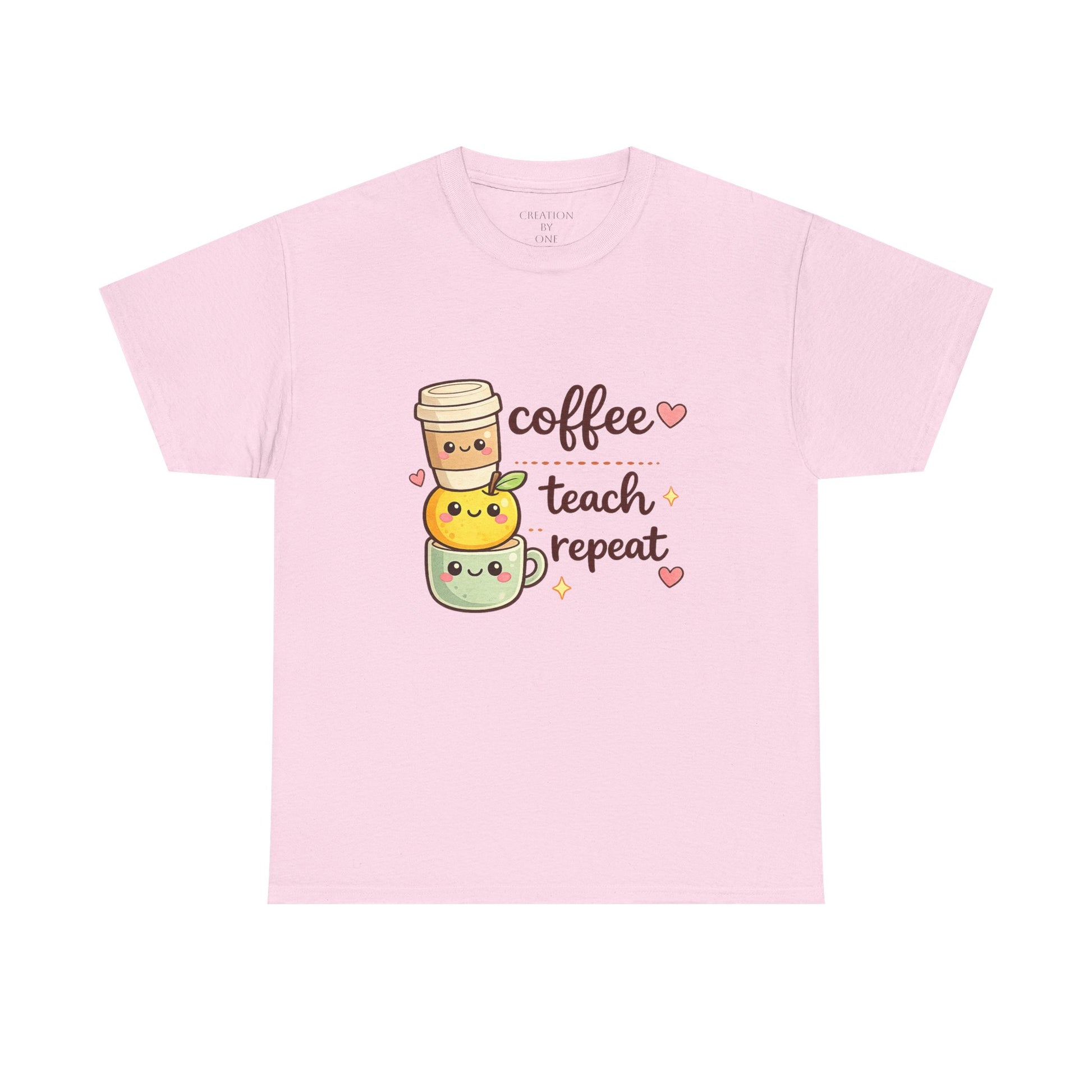 Pink t-shirt with coffee-themed design and text on a white background