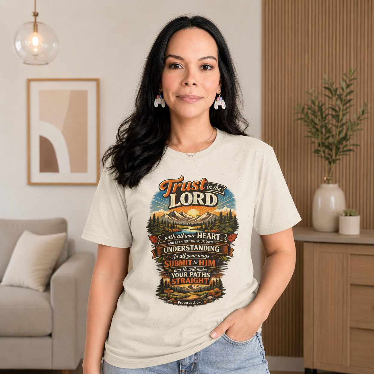 Woman wearing a cream speckled Christian graphic T-shirt featuring Proverbs 3:5–6, "Trust in the Lord," paired with light denim jeans in a bright neutral home setting. Faith-inspired lifestyle mockup by Creation by One, perfect for showcasing Christian apparel on Shopify.