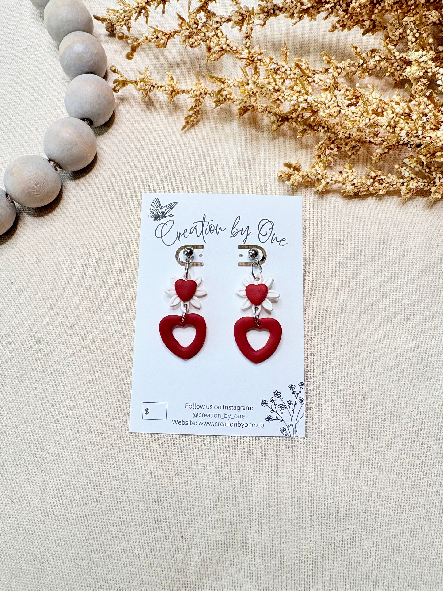 Daisy heart earrings with red heart center and hypoallergenic studs by Creation by One