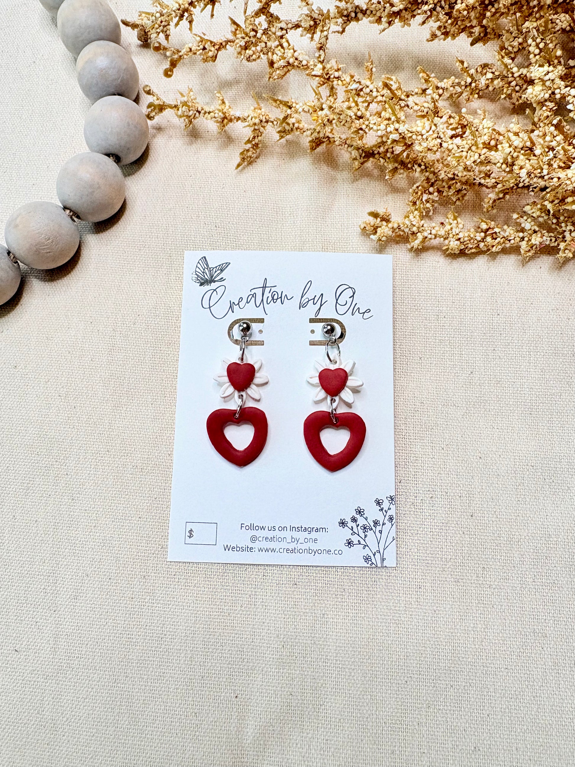 Daisy heart earrings with red heart center and hypoallergenic studs by Creation by One