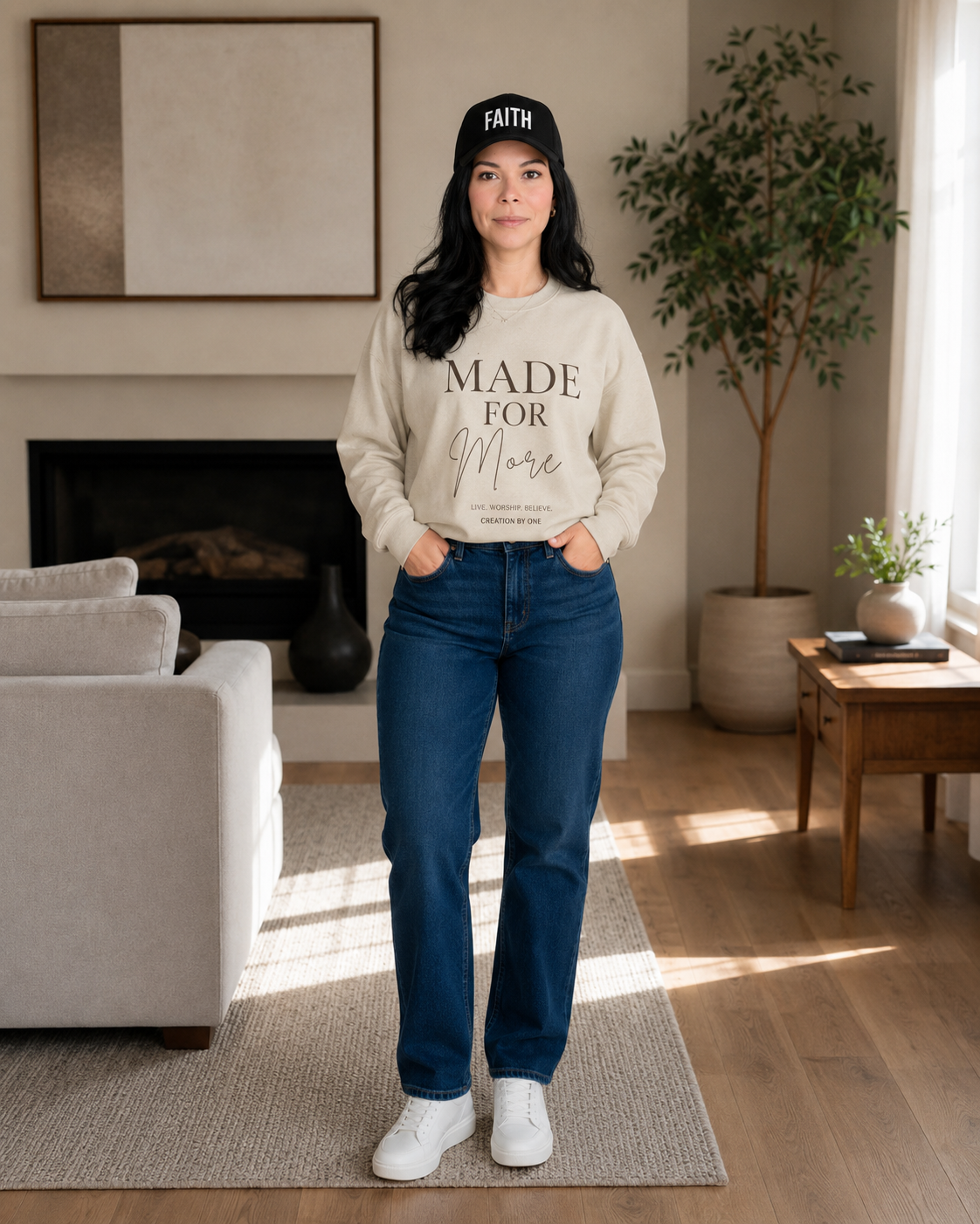 Woman wearing a beige sweatshirt with text, blue jeans, and a black cap in a living room.