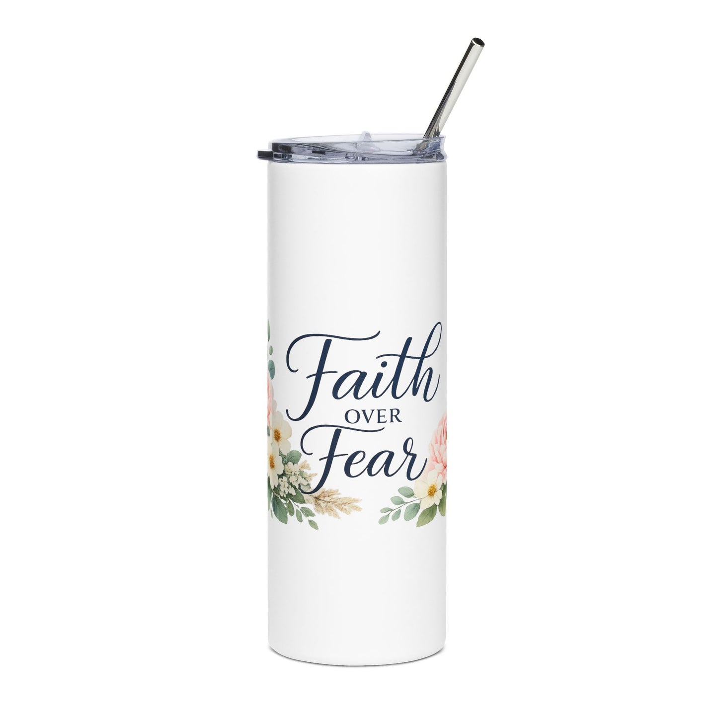 White tumbler with 'Faith Over Fear' text and floral design on a white background