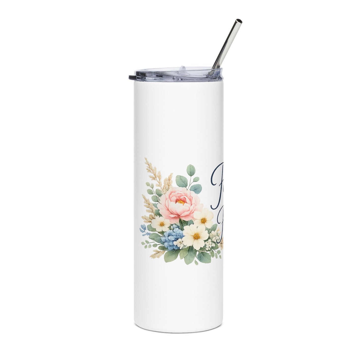 White tumbler with floral design and straw on a white background