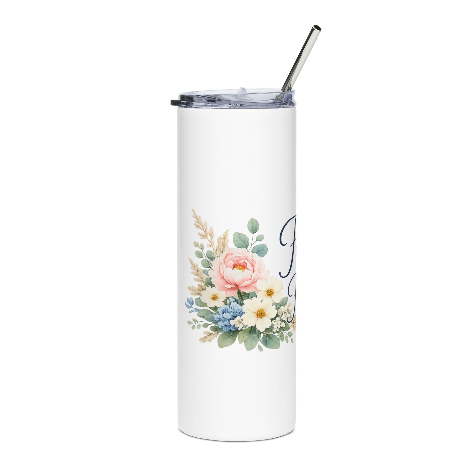 White tumbler with floral design and straw on a white background