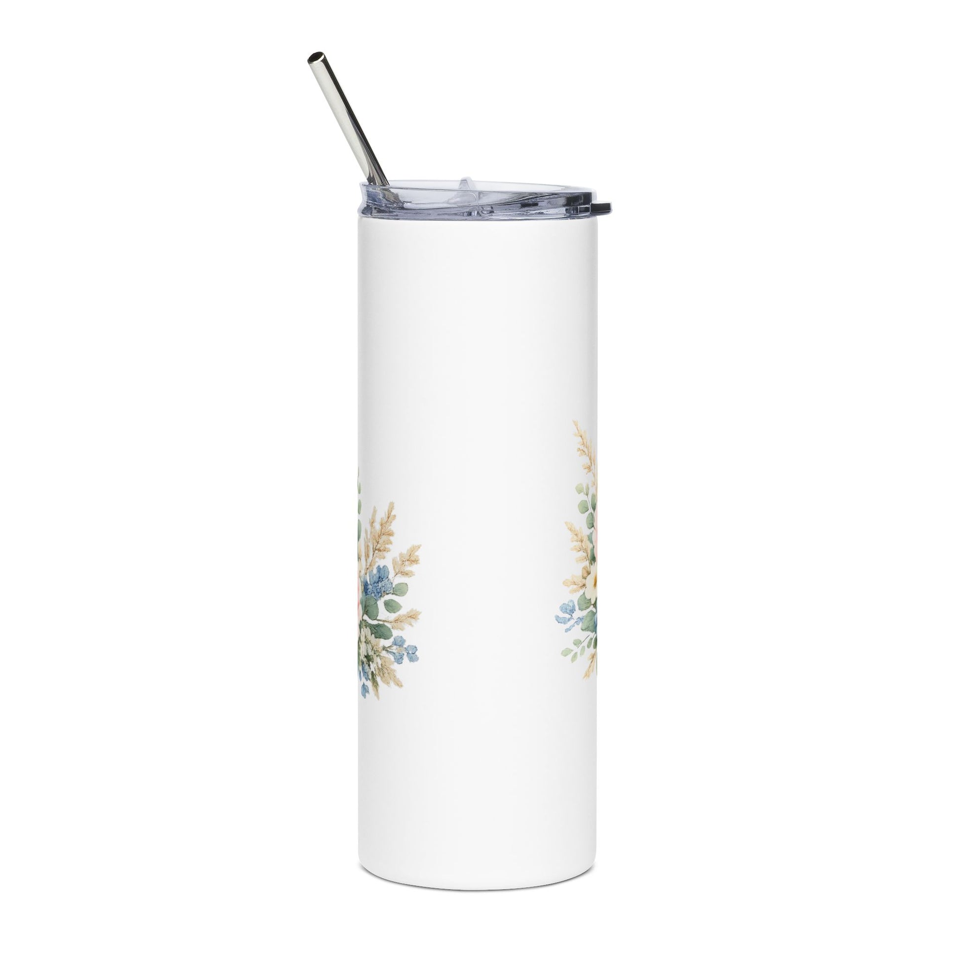 White tumbler with floral design and metal straw on a white background