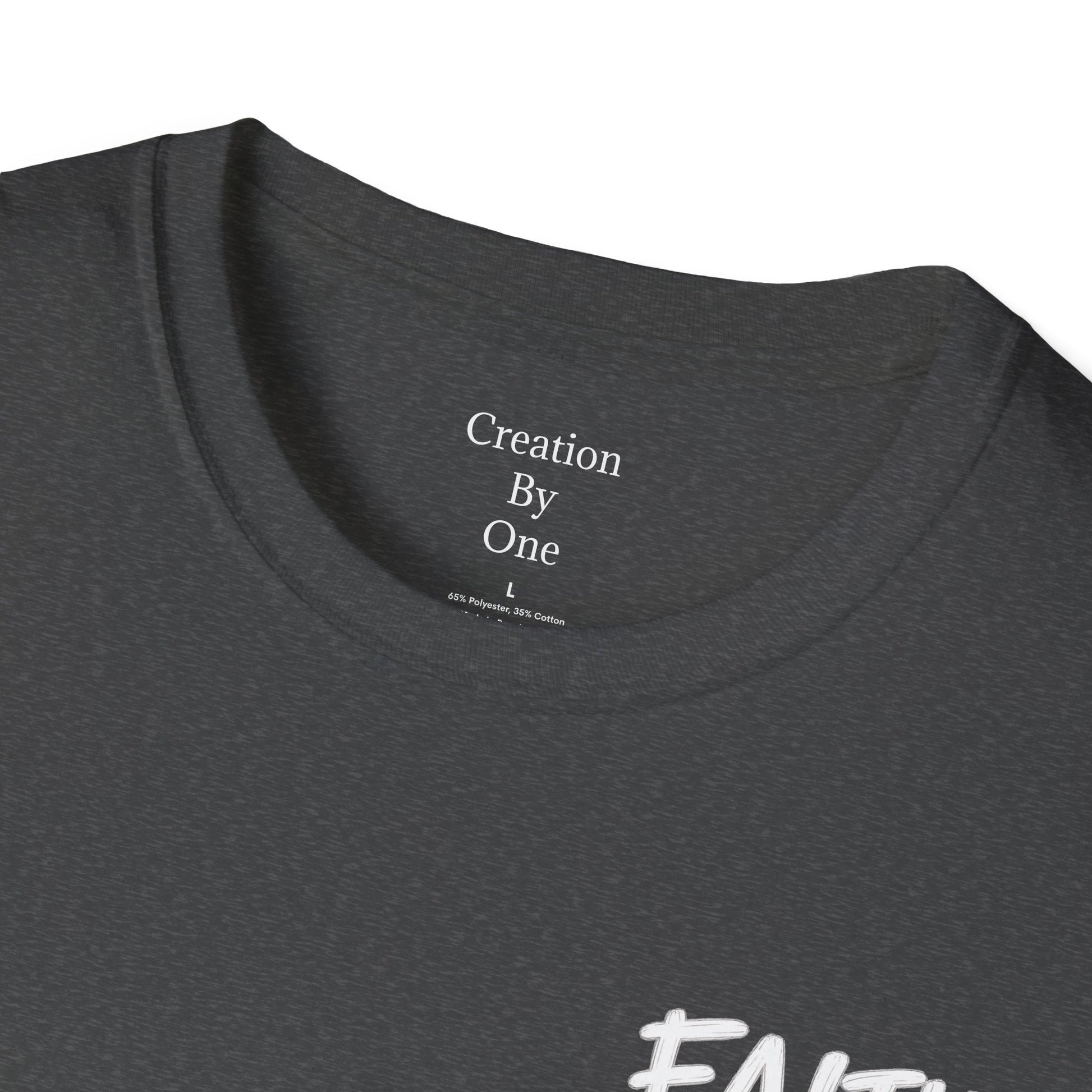 Creation by One Tag that says large on a shirt