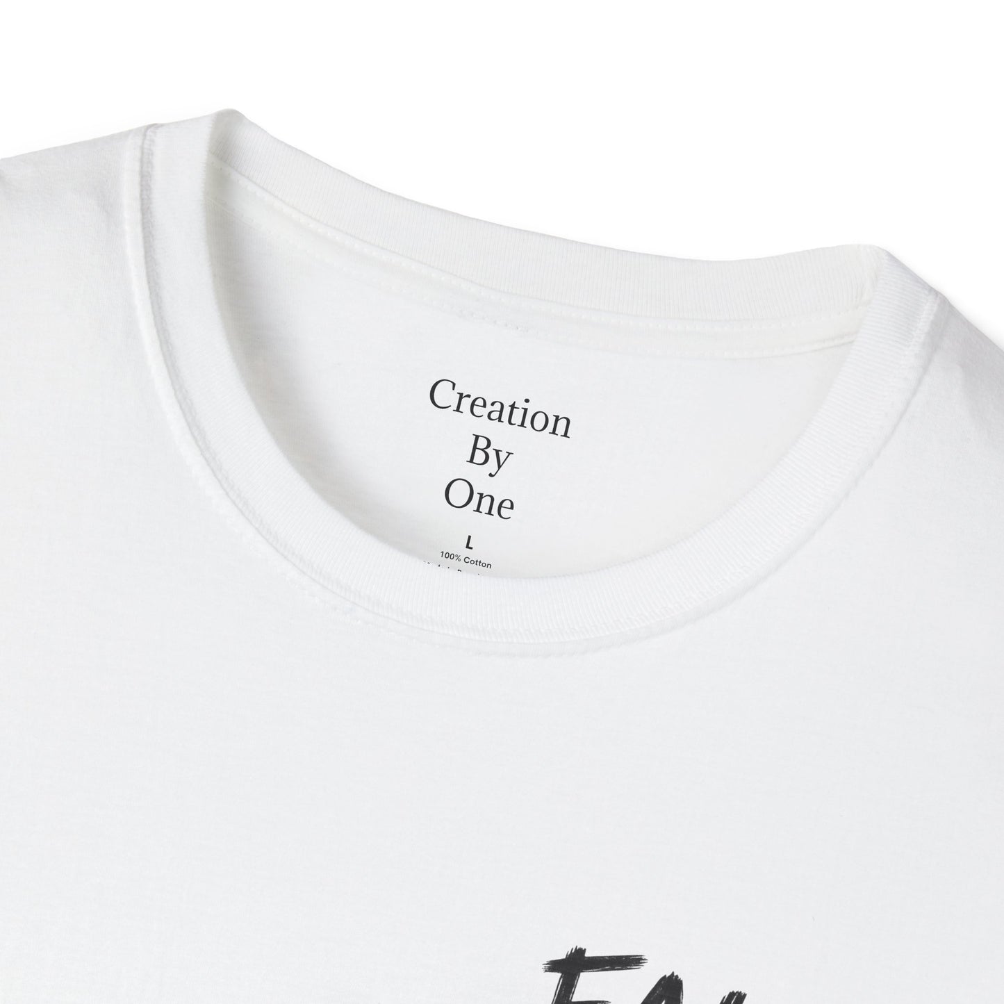 Creation By One Large tag on a white shirt