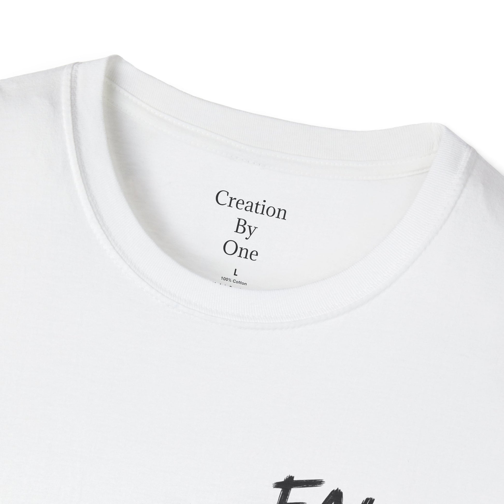 Creation By One Large tag on a white shirt