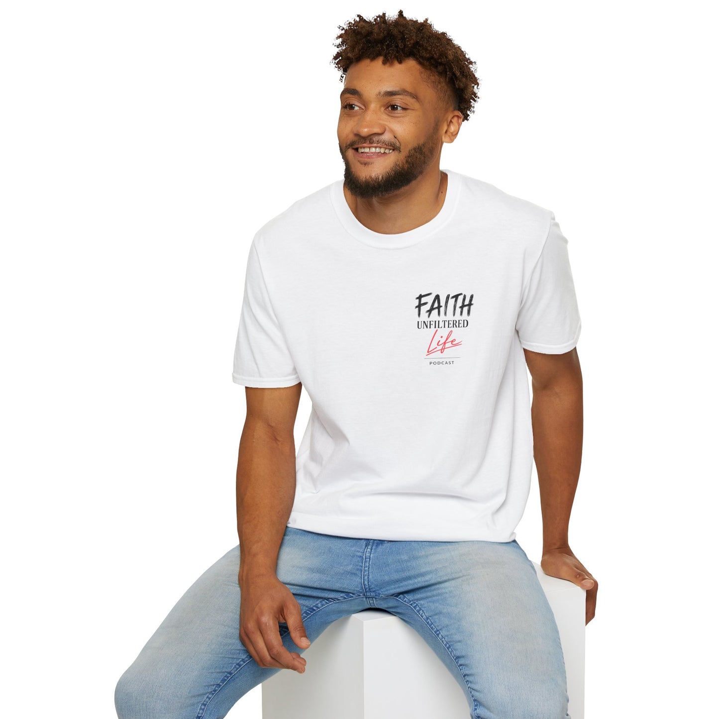 Man wearing a Faith Unfiltered Life White Shirt.