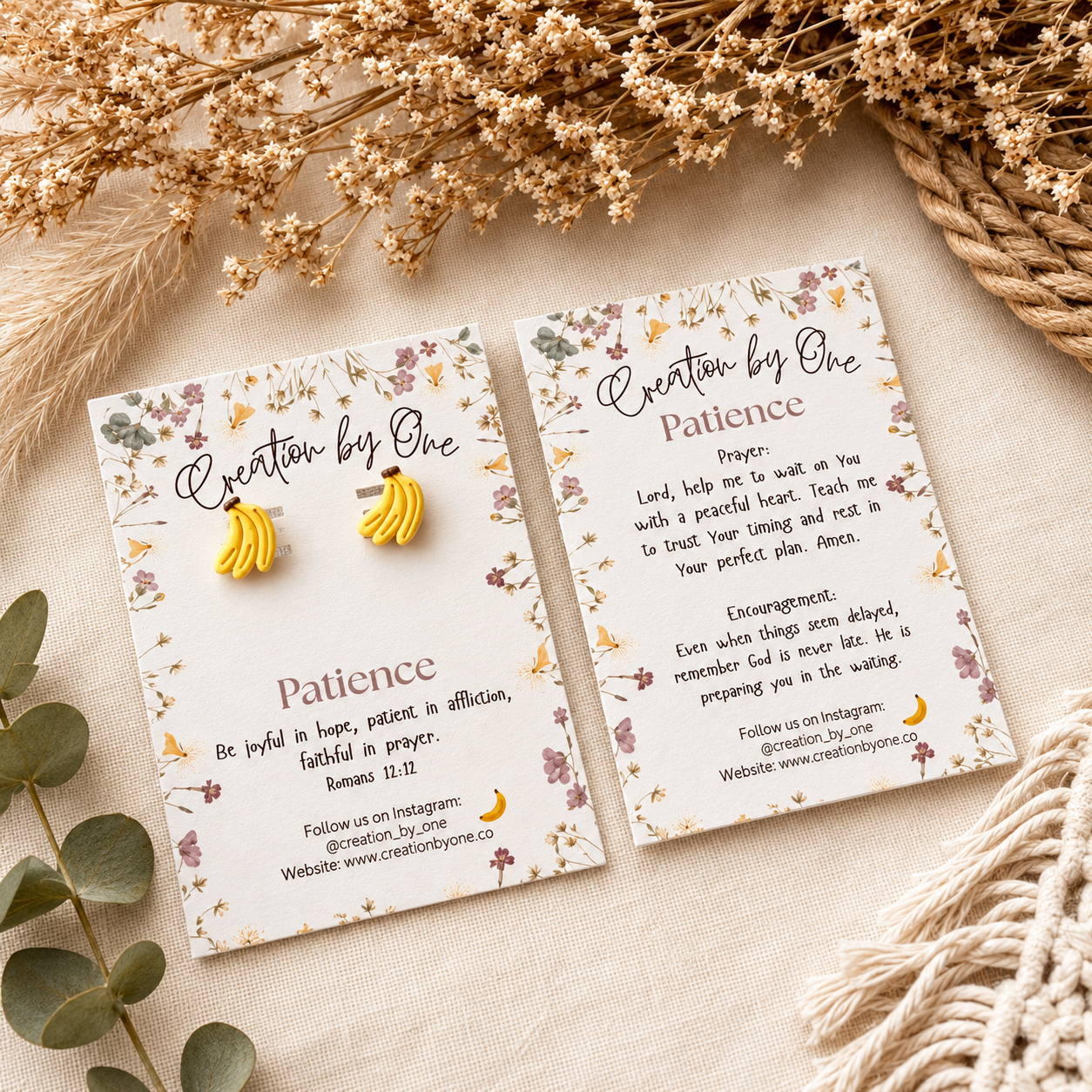 Earring cards with 'Patience' theme and dried flowers on a neutral background