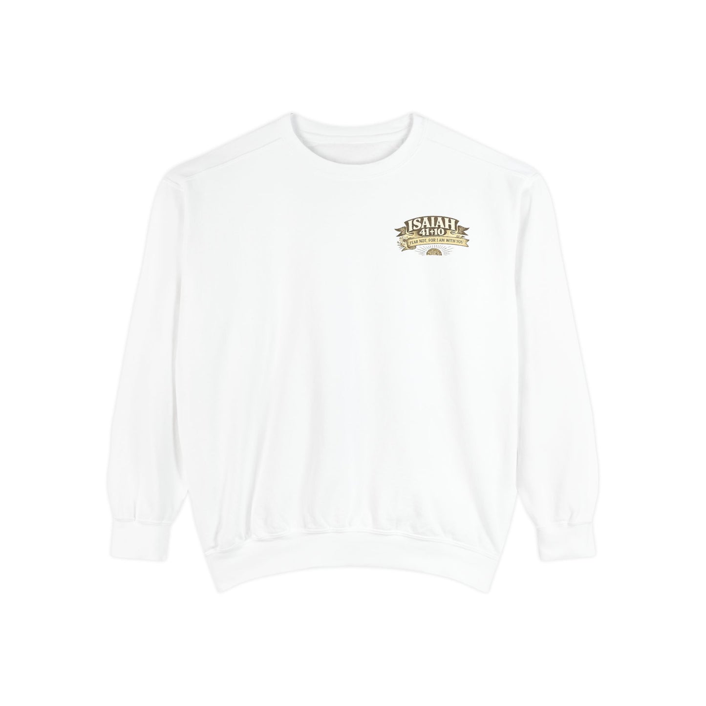 White sweatshirt with a small logo on a white background