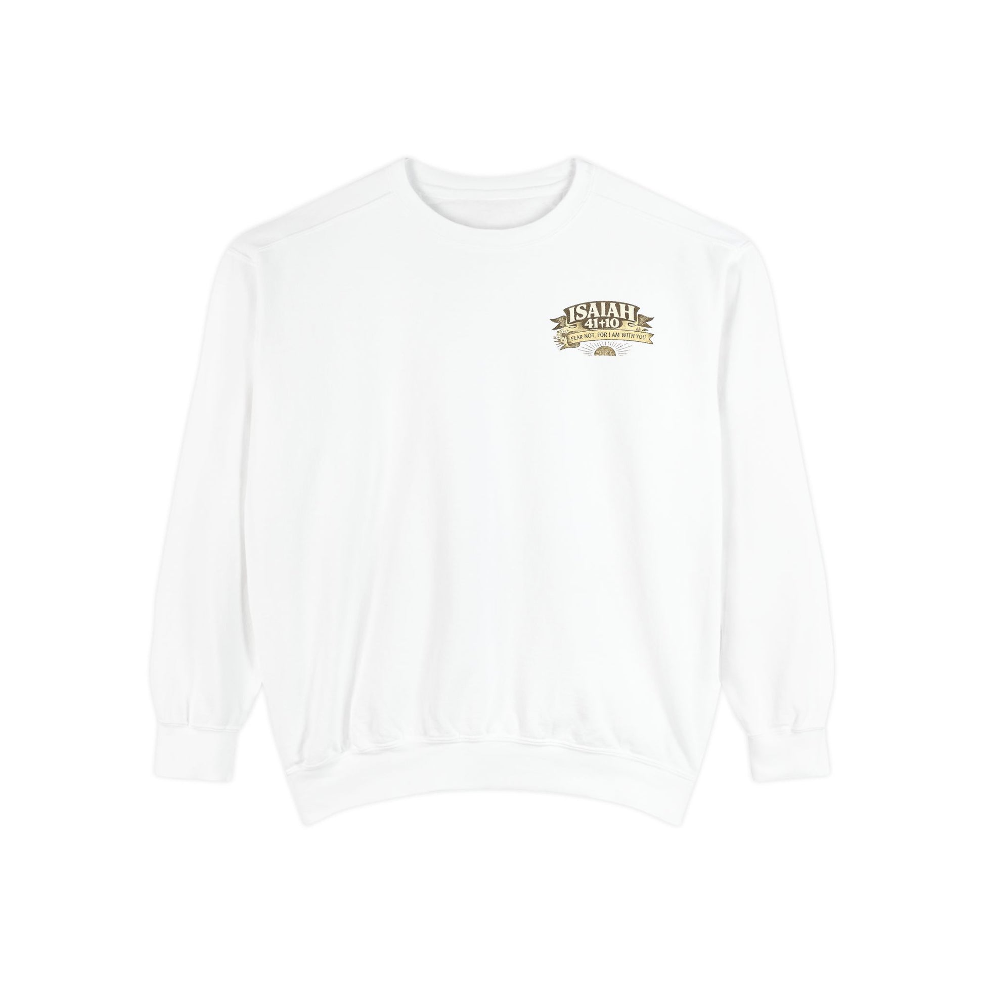 White sweatshirt with a small logo on a white background