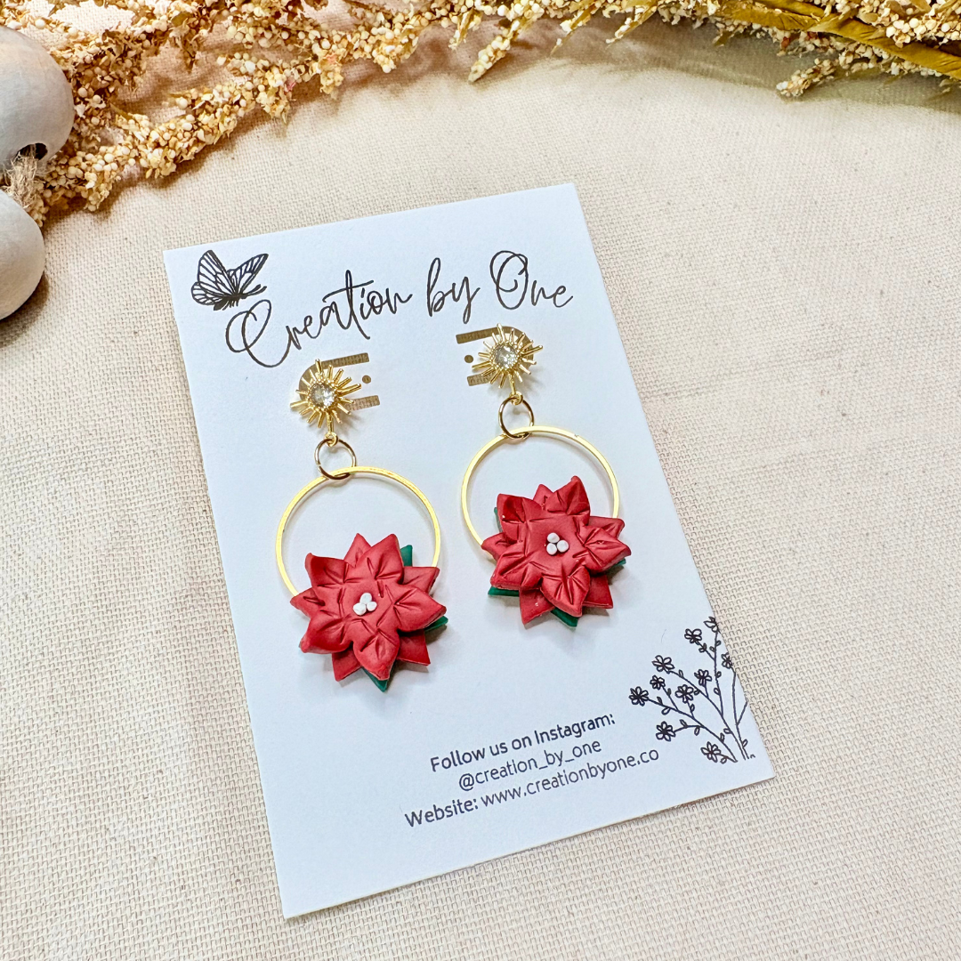Festive 14K gold poinsettia earrings – handcrafted Christmas flower jewelry