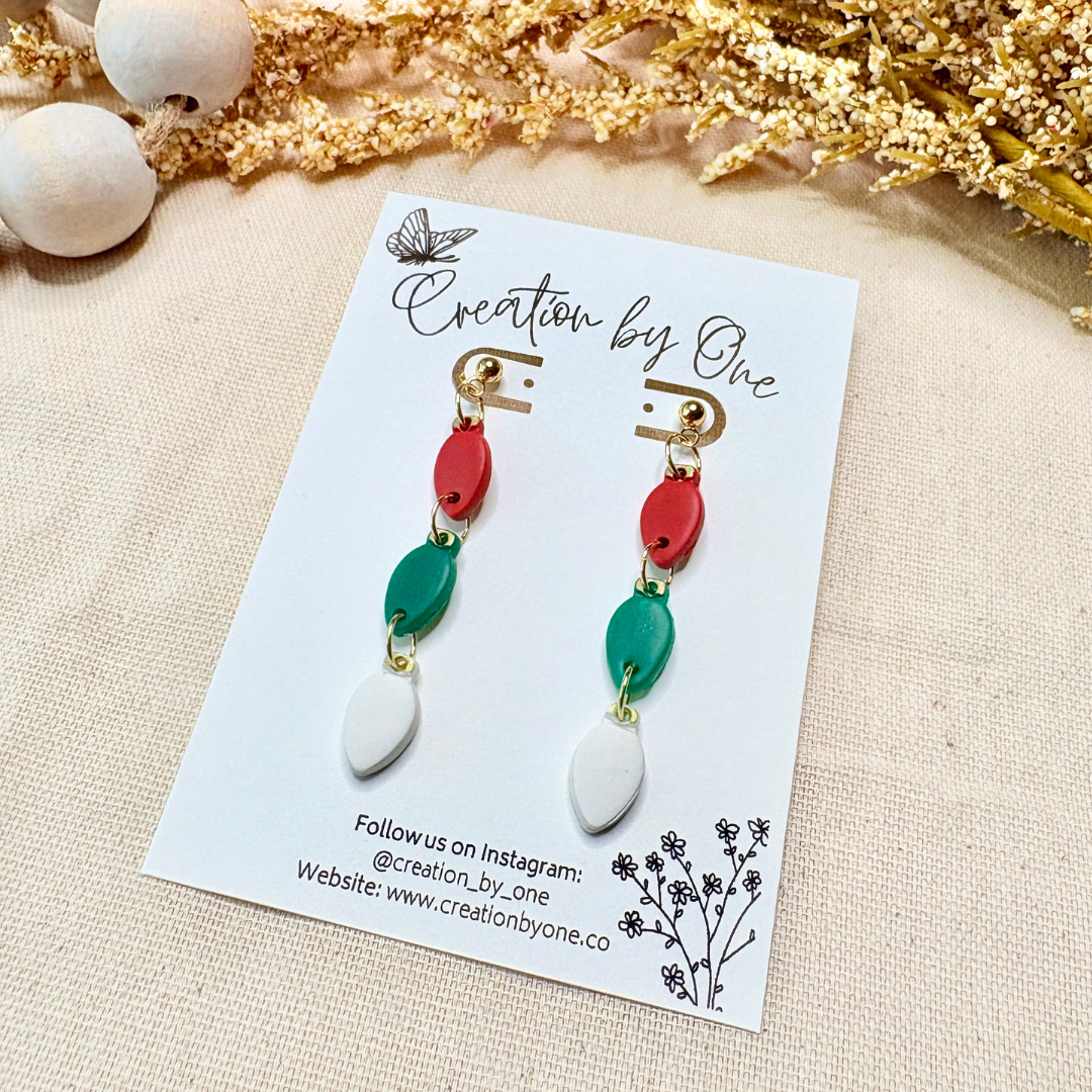 Festive red, green, and white Christmas light stud earrings – handcrafted polymer clay jewelry