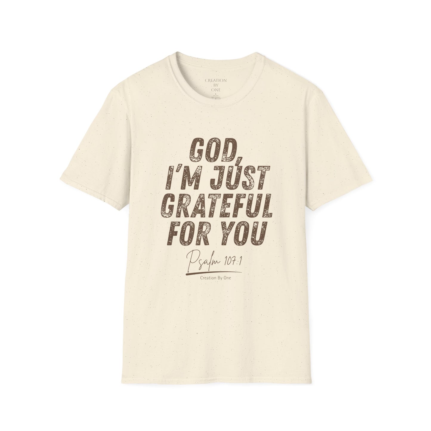 Beige t-shirt with text 'God, I'm just grateful for you' on a white background