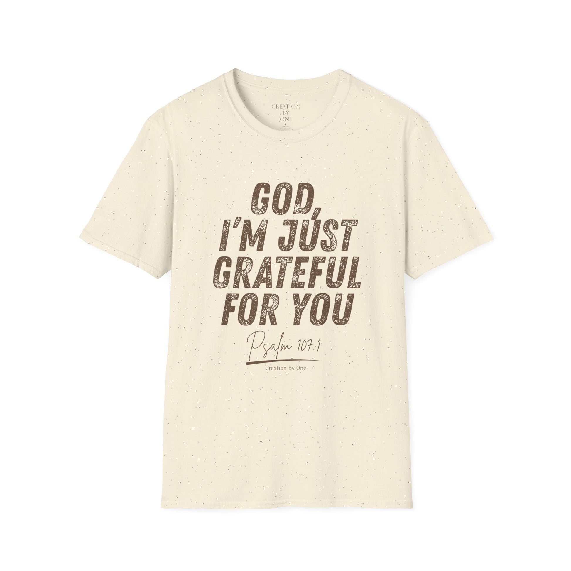 Beige t-shirt with text 'God, I'm just grateful for you' on a white background