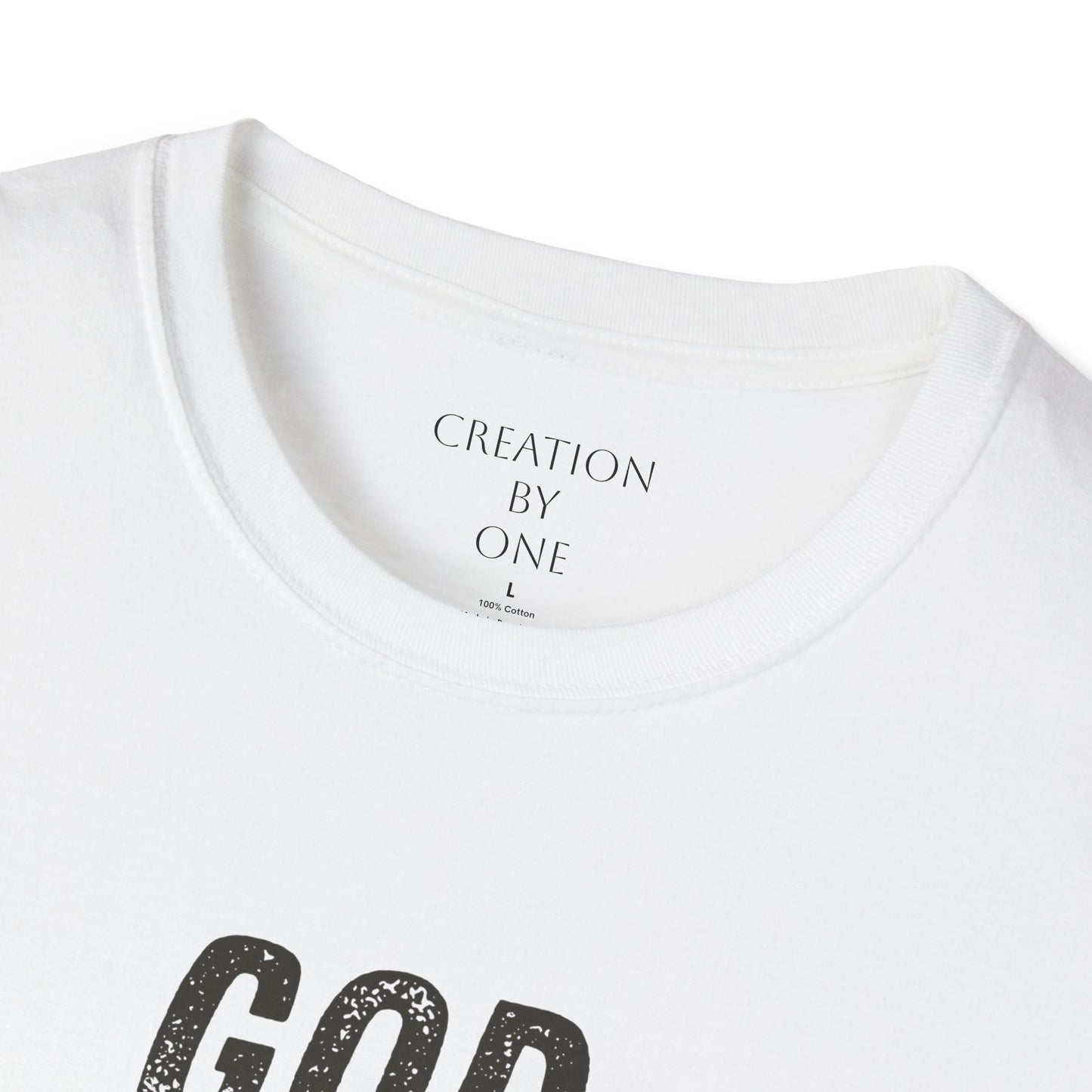 White t-shirt with 'Creation by One' text on a white background