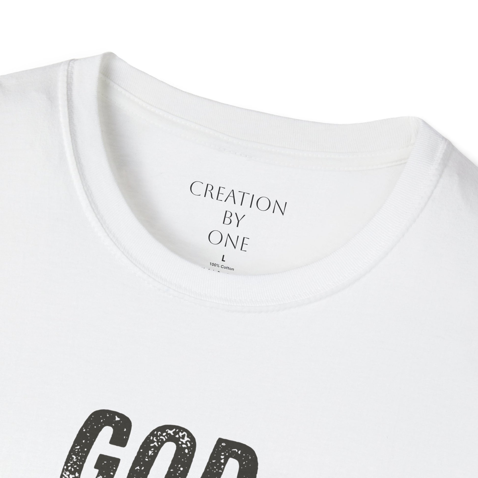 White t-shirt with 'Creation by One' text on a white background