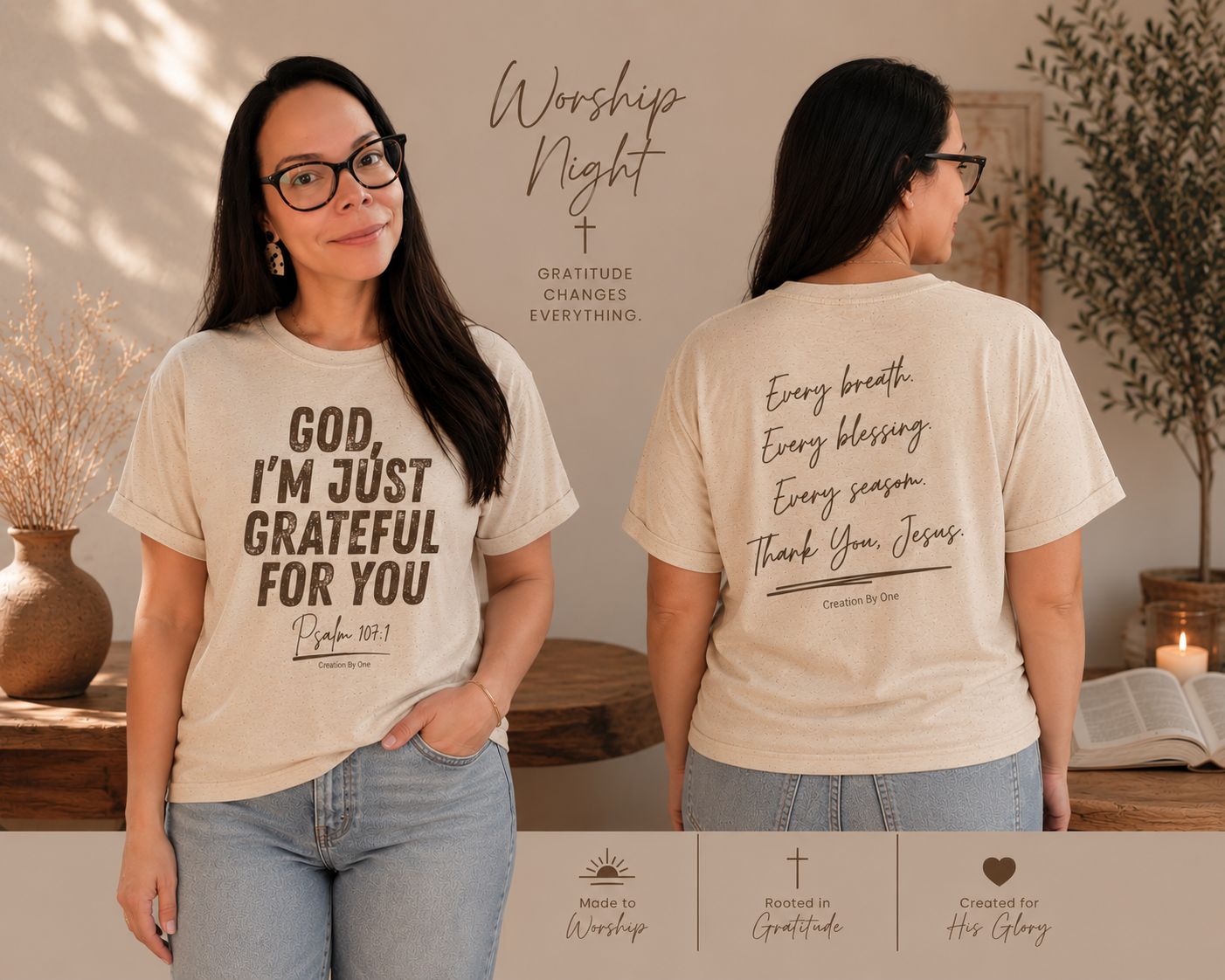 Woman wearing a t-shirt with a motivational quote, standing in a home setting.